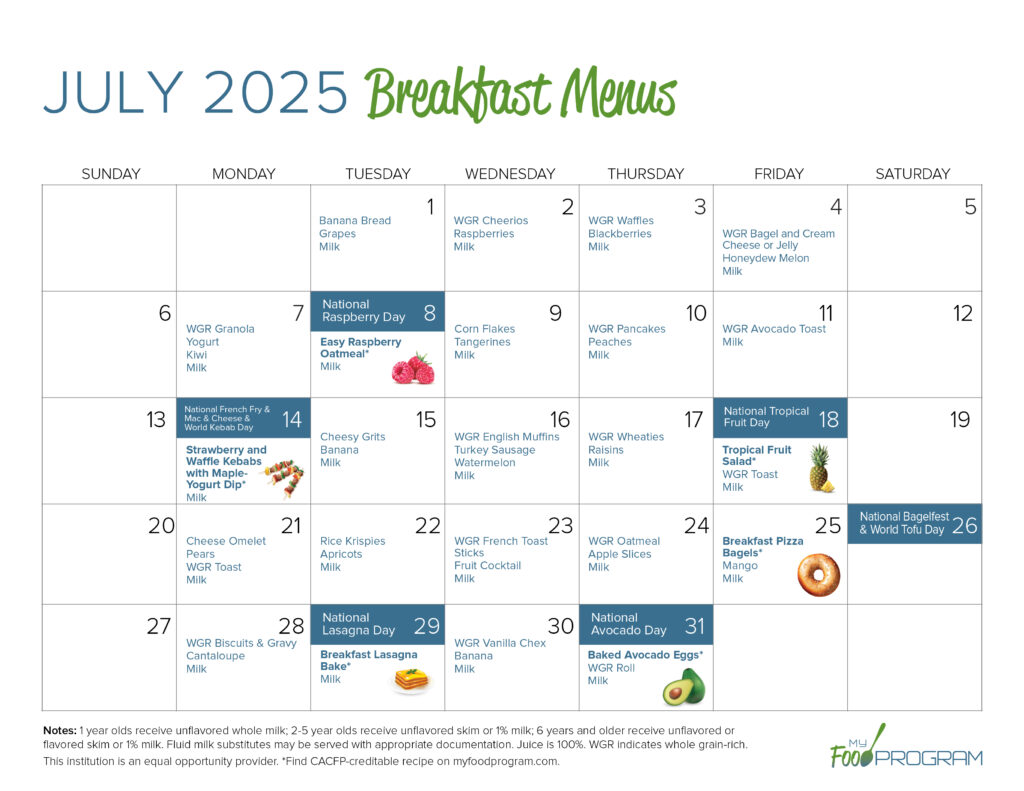 July 2025 Breakfast Menus