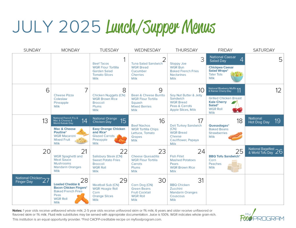 July 2025 Lunch/Supper Menus