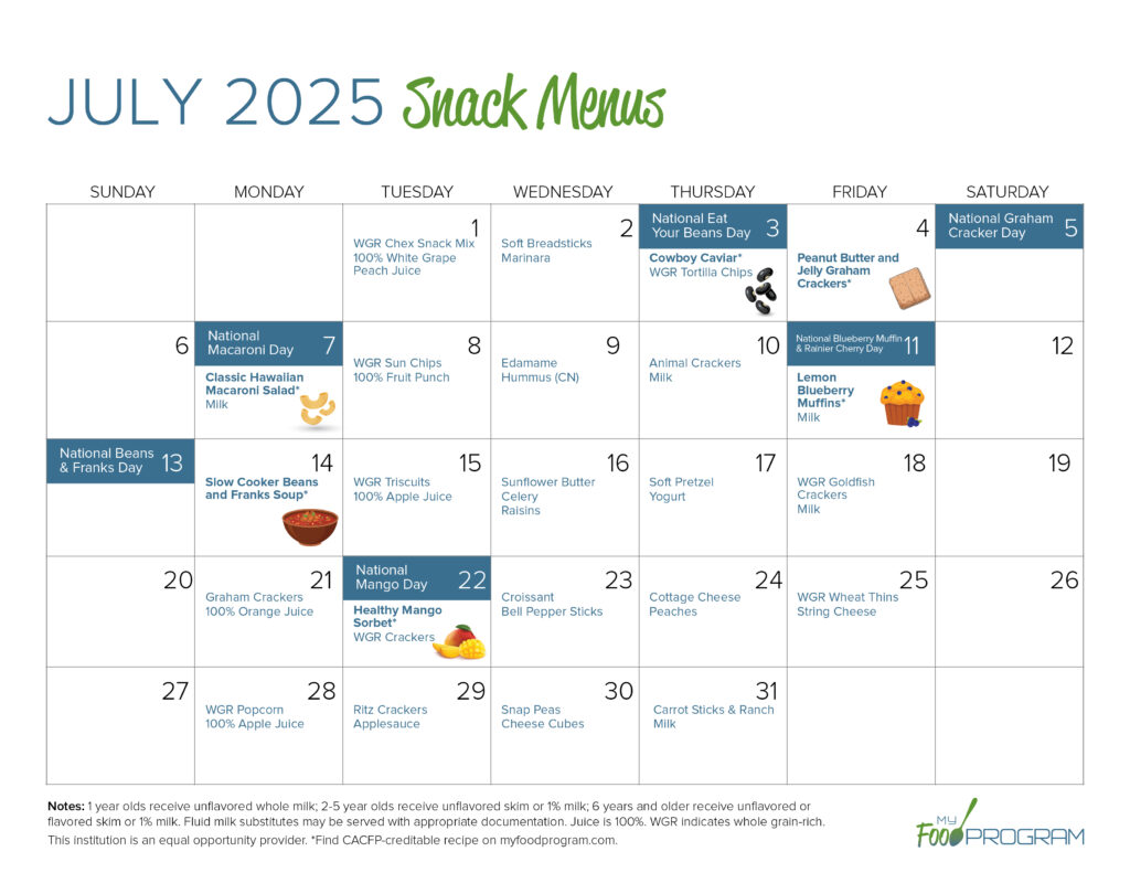 July 2025 Snack Menus