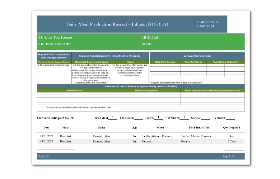 Infant Food Production Record H-1530A