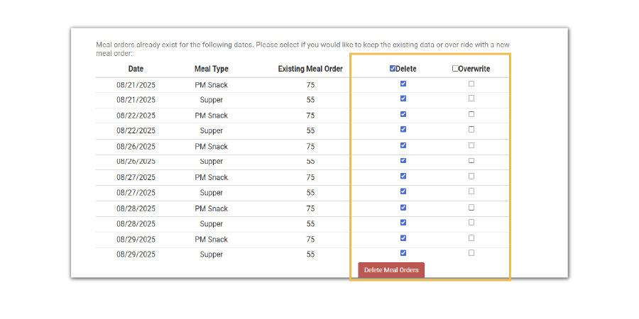 Delete Meal Orders in Bulk