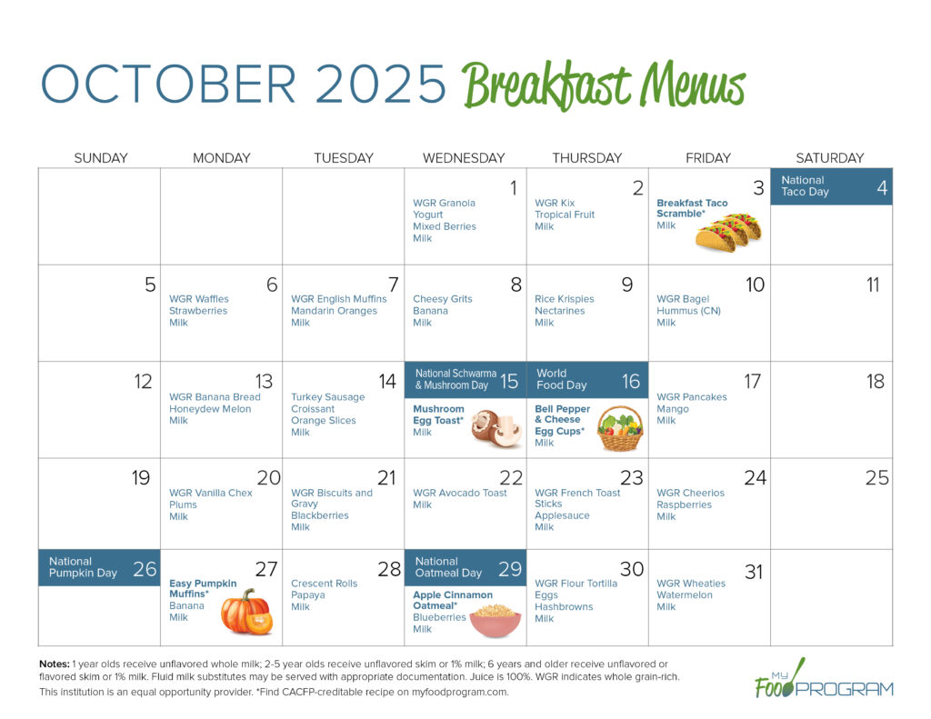 October 2025 Breakfast Menus