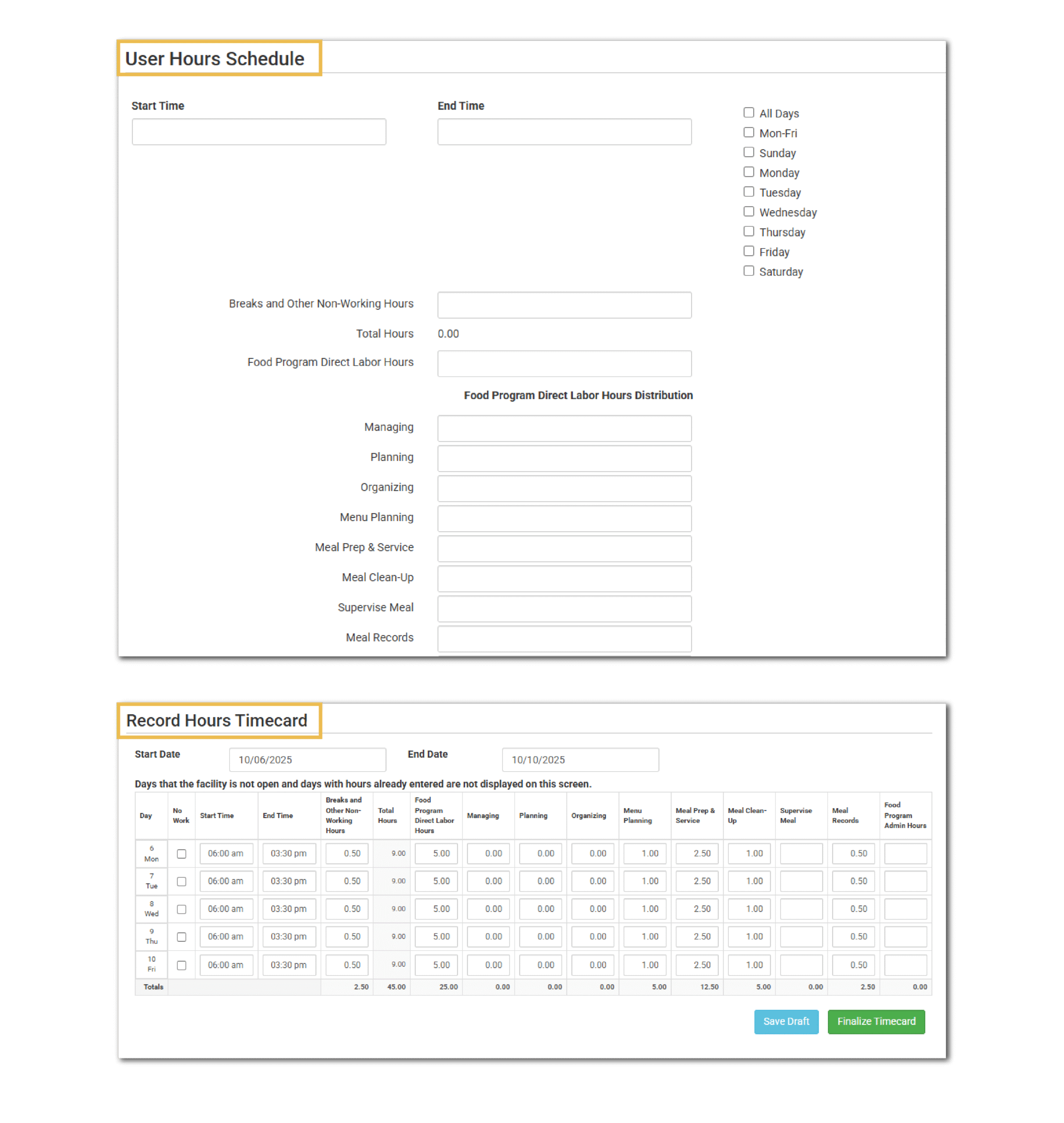 User Work Schedule