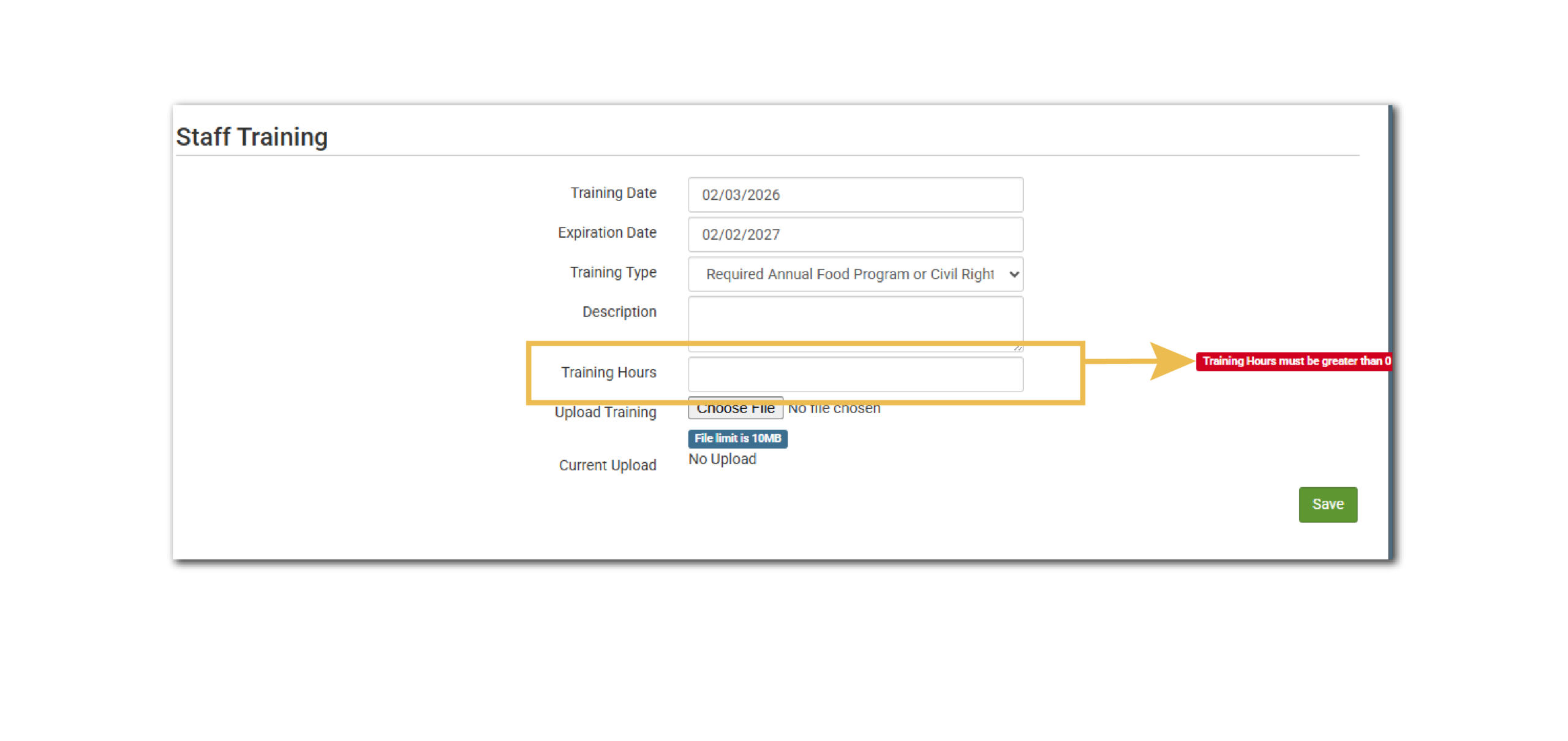 Do Not Allow Training Entry Without Hours