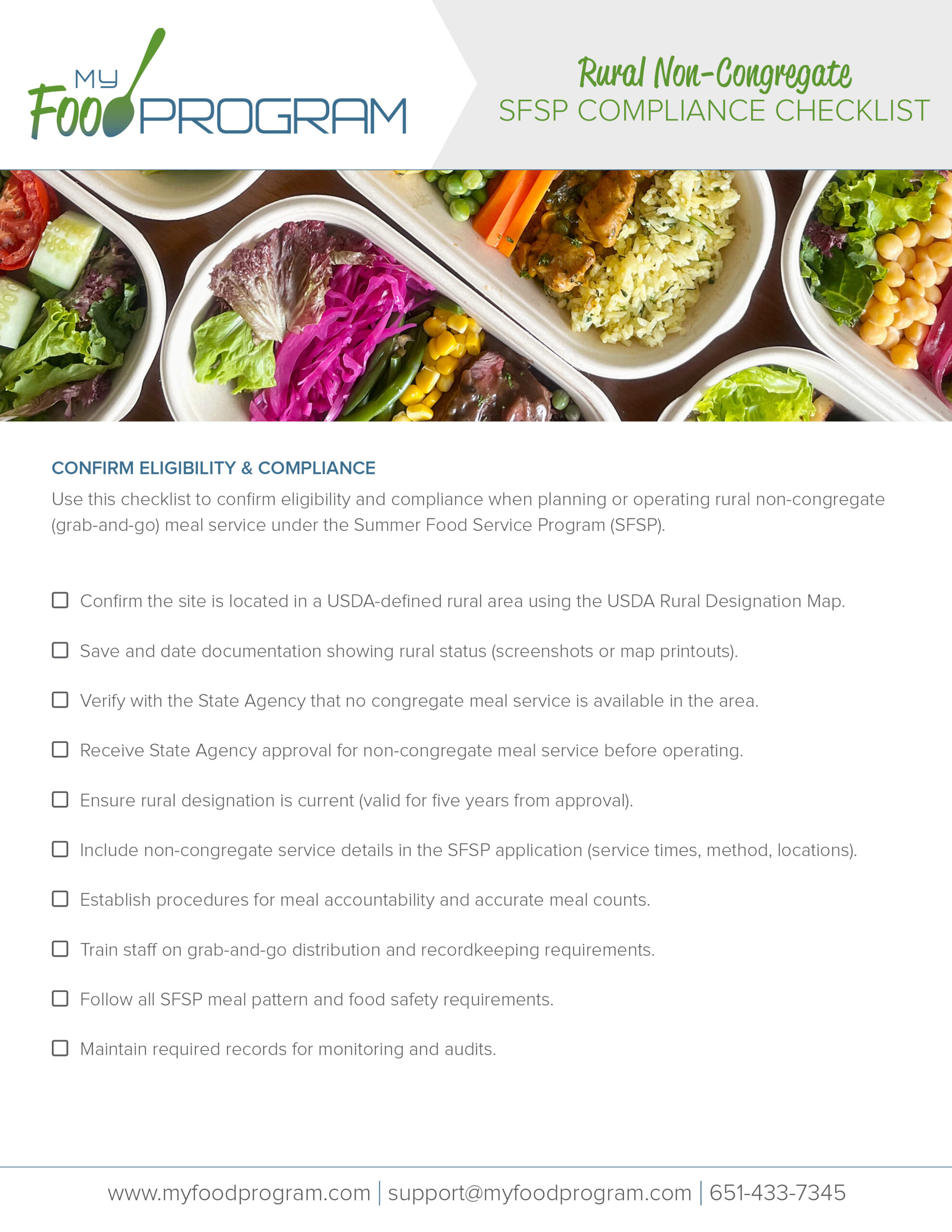 My Food Program Rural Non-Congregate SFSP Compliance Checklist