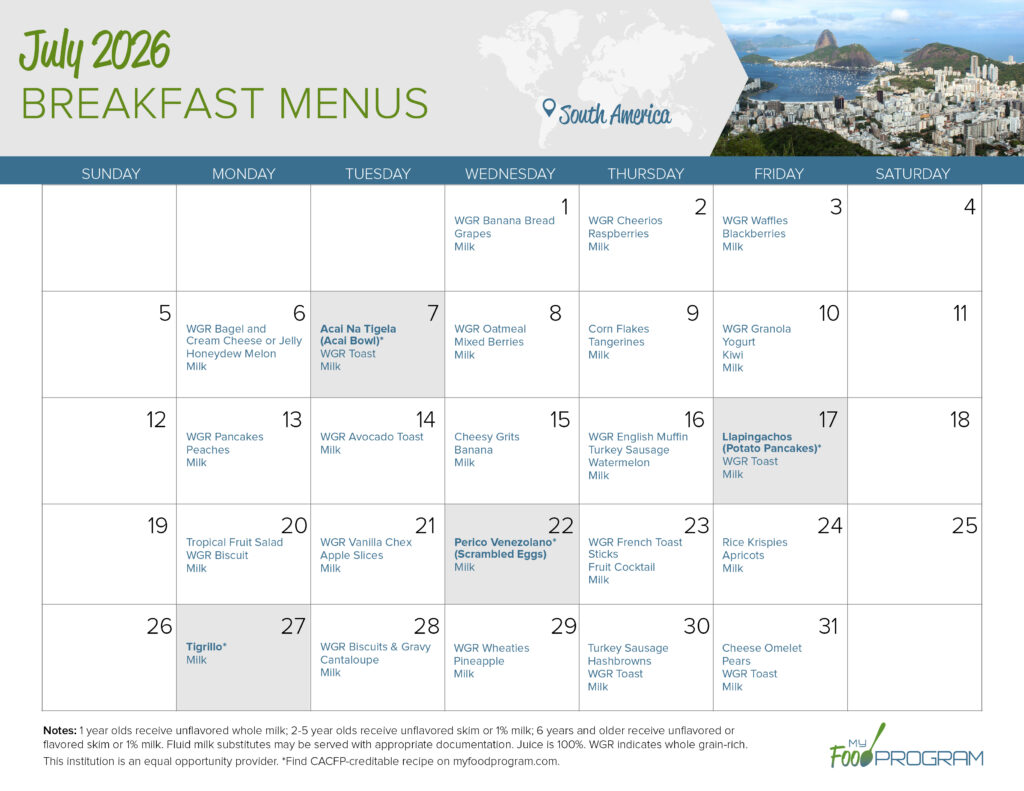 July 2026 Breakfast Menus