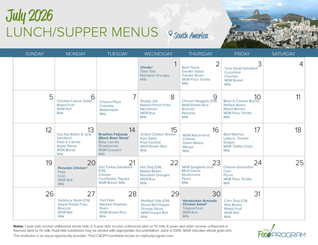 July 2026 Lunch/Supper Menus