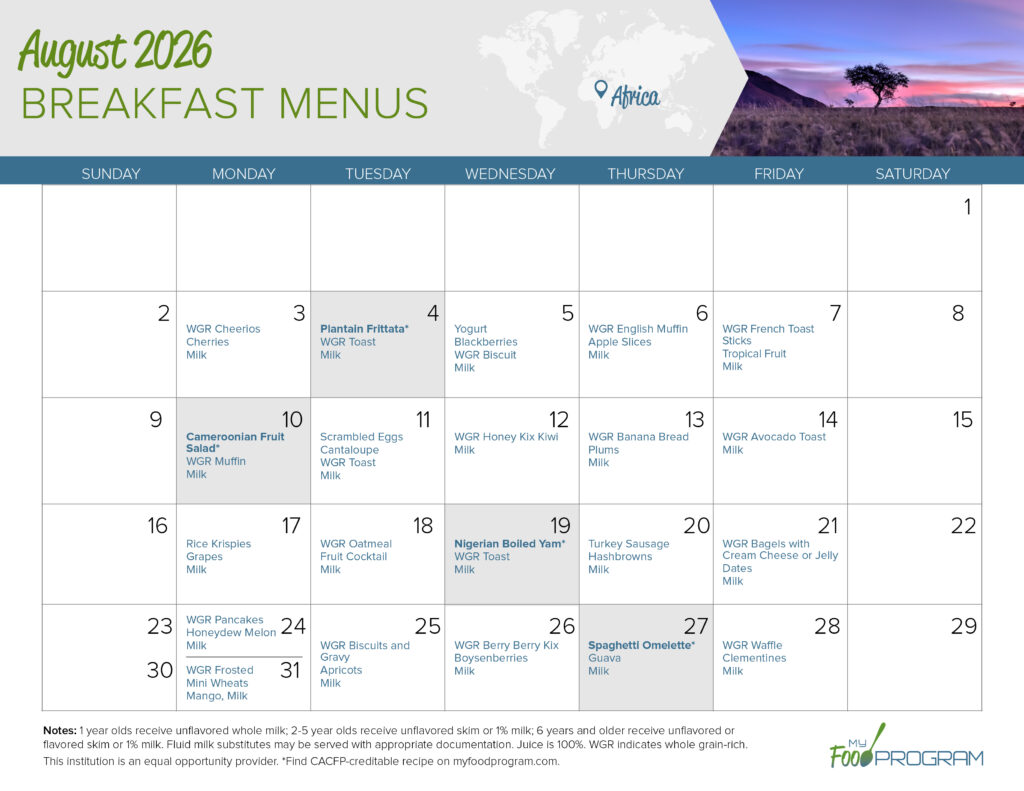 August 2026 Breakfast Menus