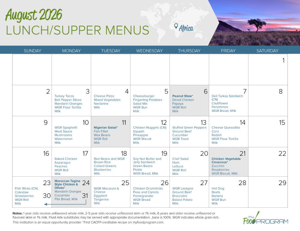 August 2026 Lunch/Supper Menus