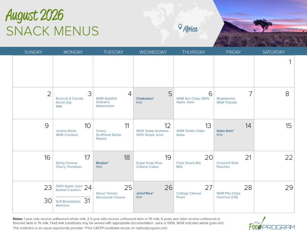 August 2026 Snack Menus