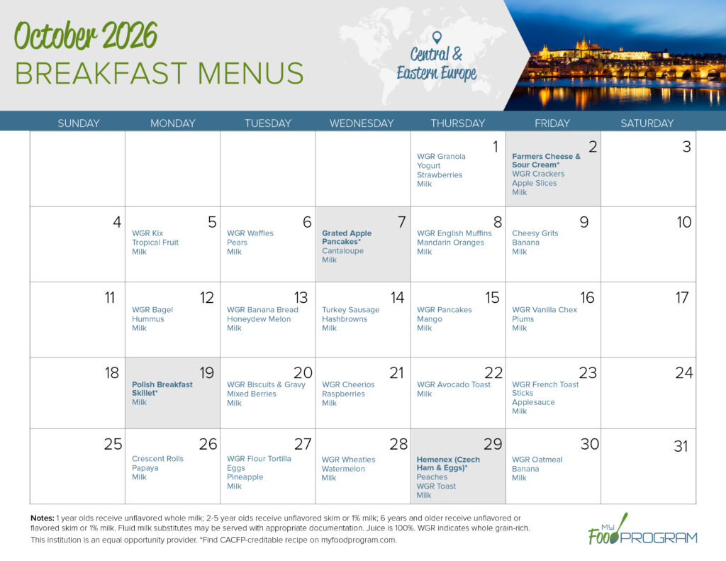 My Food Program October 2026 Breakfast Menu