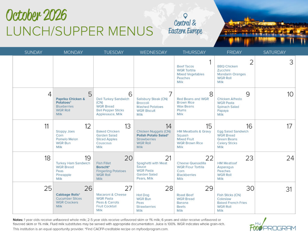 My Food Program October 2026 Lunch/Supper Menu