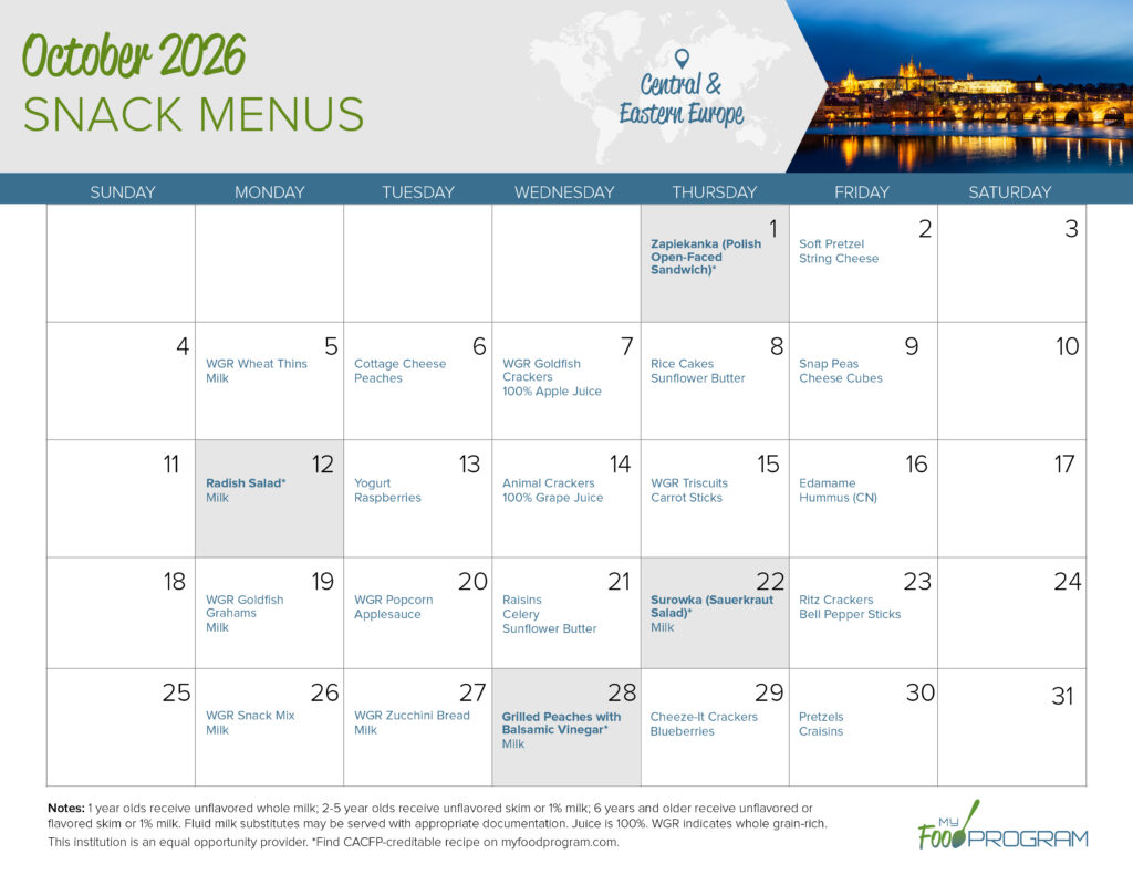 My Food Program October 2026 Snack Menu